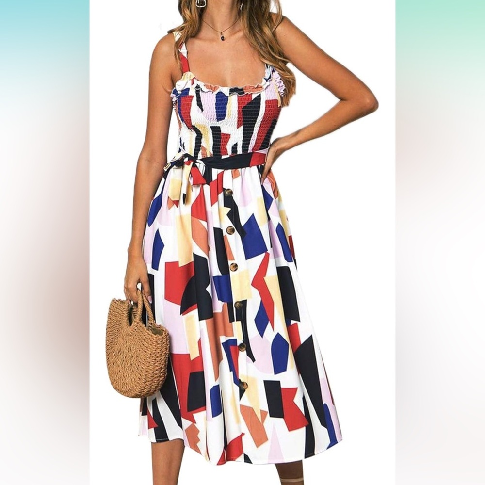 Spaghetti Strap swing midi dress with pockets - geometric design w button detail